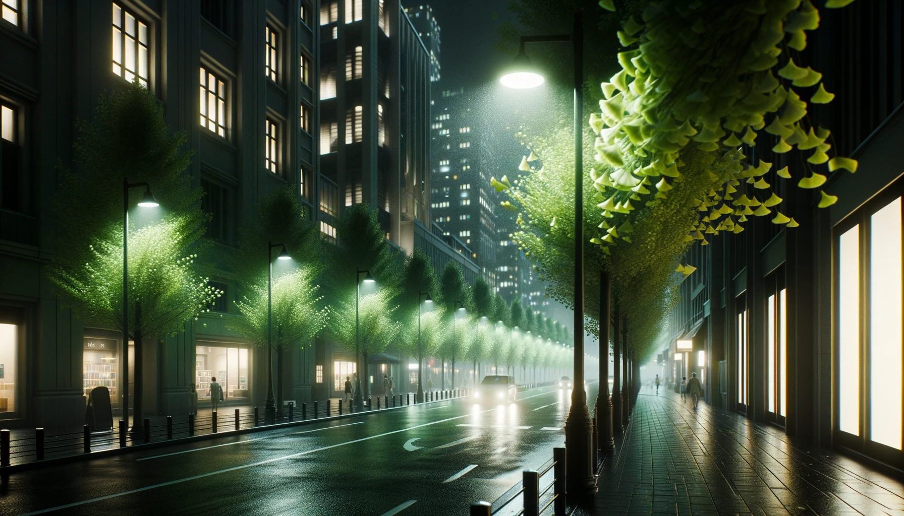 Render of a city street at night, illuminated only by the faint light from windows and lampposts. The green ginkgo trees on the sidewalk sway and rustle as a gust of wind passes through.