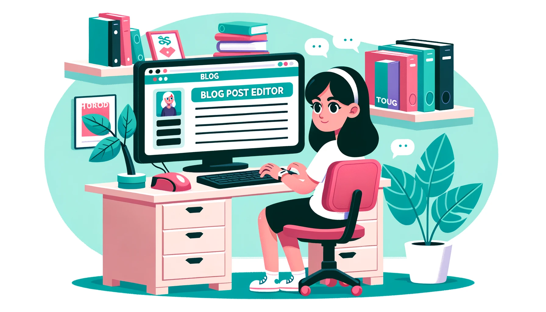 Cartoon scene of a female programmer with Caucasian descent, immersed in updating her self-hosted blog via a computer. The computer screen exhibits a blog post editor. Surrounding her is a vibrant office setup with books and tech accessories.
