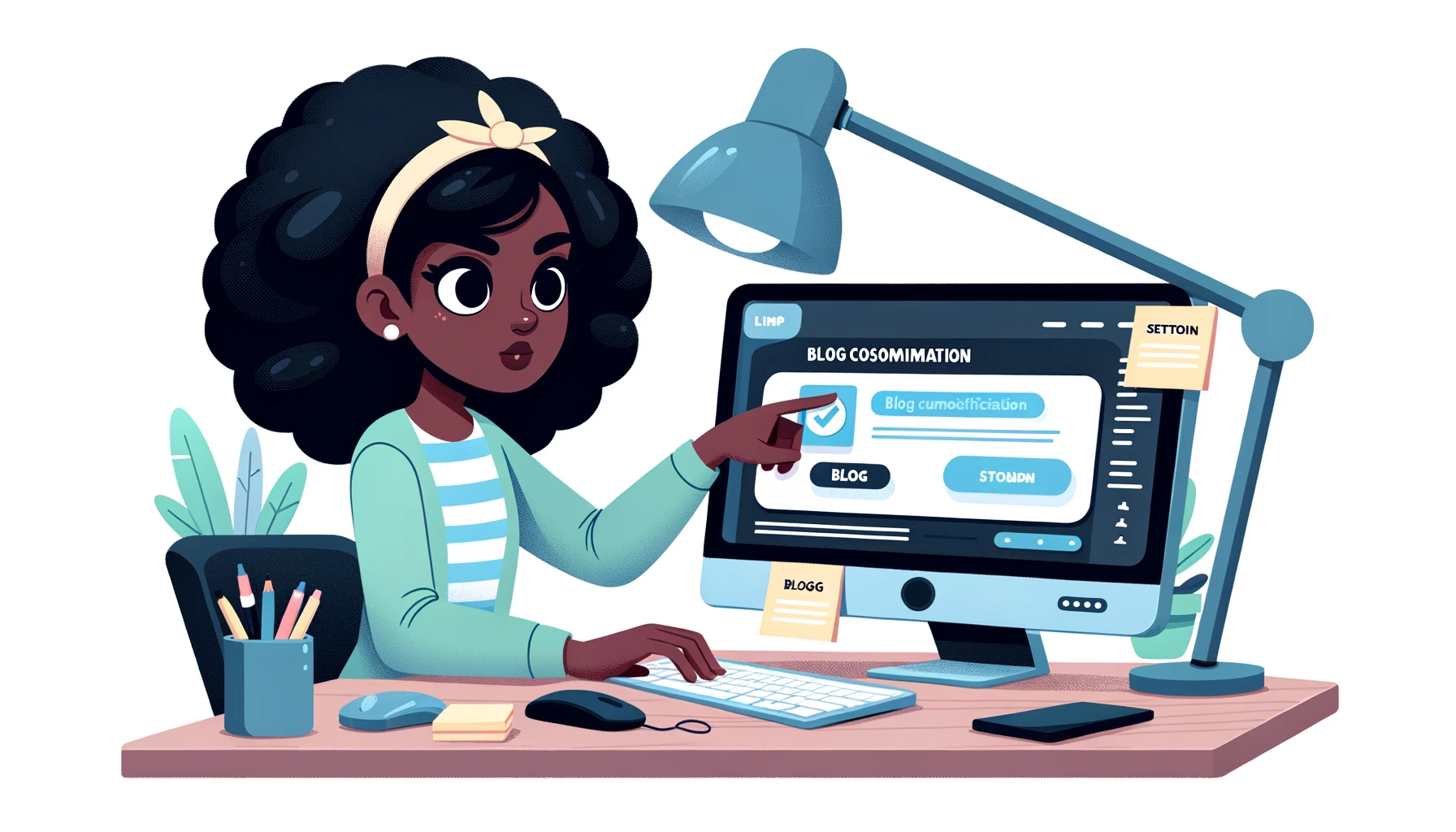 Cartoon representation of a focused female programmer with African descent, adjusting settings on her desktop computer. The monitor showcases a blog customization page. Around her are tech gadgets, sticky notes, and a lamp illuminating the desk.