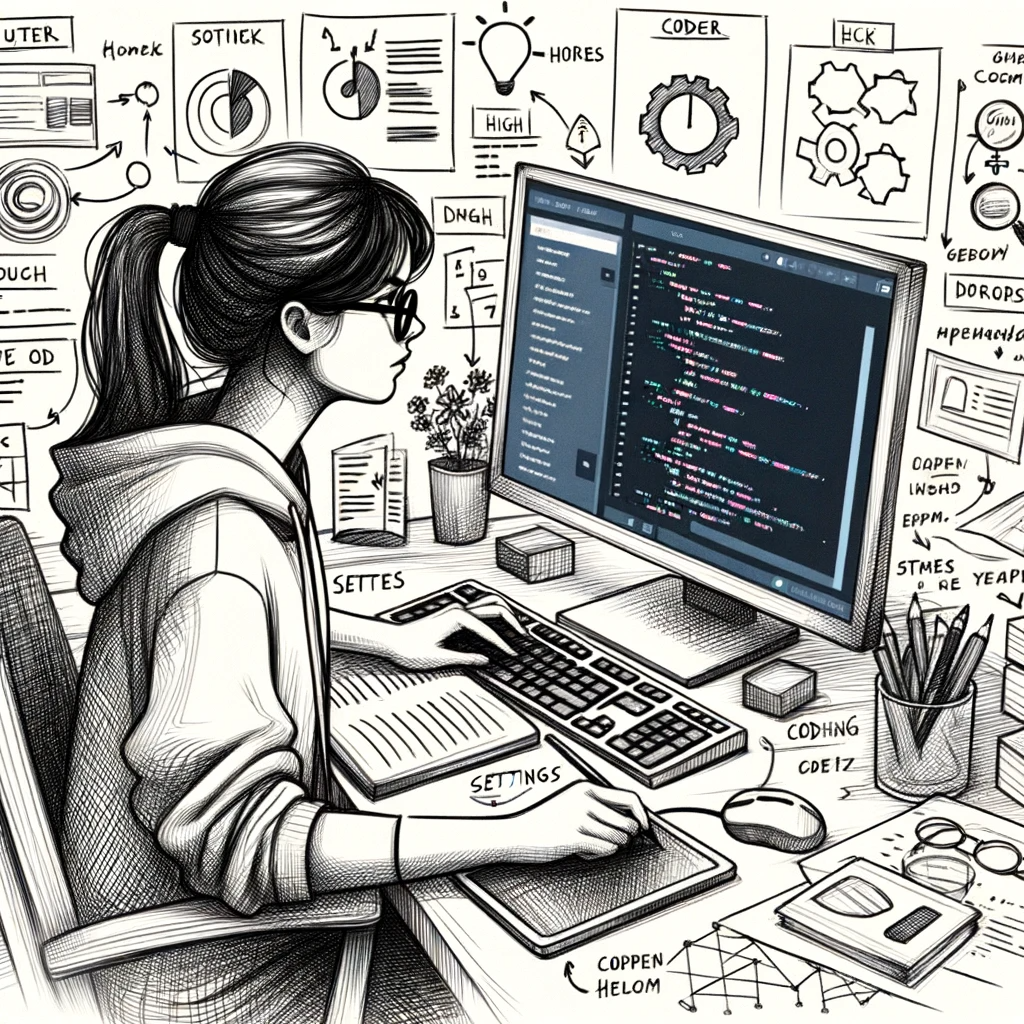 Drawing of a determined female coder immersed in her work, her workspace filled with notes and diagrams, while she adjusts the settings of her self-hosted blog on her computer.