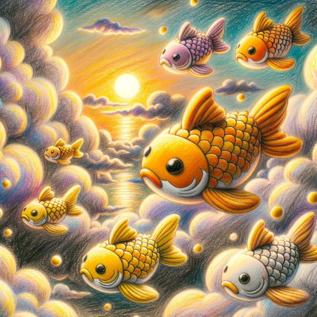 Crayon drawing of several golden Taiyaki (鯛焼き) playfully gliding through clouds illuminated by the soft hues of dawn.
