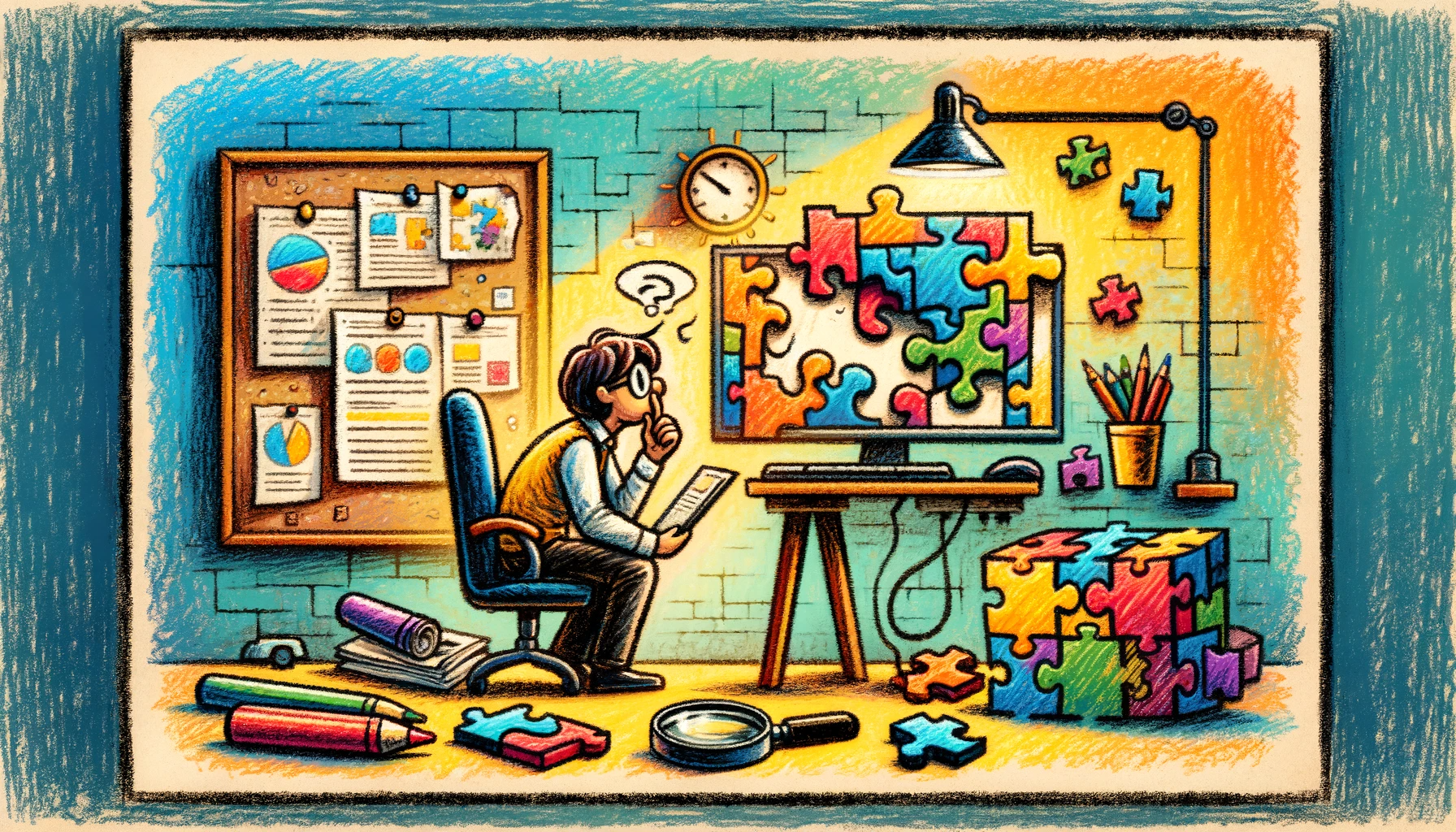 A whimsical, crayon-style drawing for a blog header that metaphorically depicts the troubleshooting of a problematic blogging software plugin. The image feature a colorful and playful scene with a person sitting at a computer desk, looking puzzled over a jigsaw puzzle that represents the plugin, with pieces scattered and one not fitting correctly. Include a magnifying glass nearby to symbolize the search for a solution. In the background, show a bulletin board with notes and diagrams that hint at problem-solving but without any legible text. The crayon texture should be evident, giving the scene a child-like innocence, contrasting with the technical nature of the blog content. Use bright, primary colors to give the drawing a cheerful and less intimidating feel.
