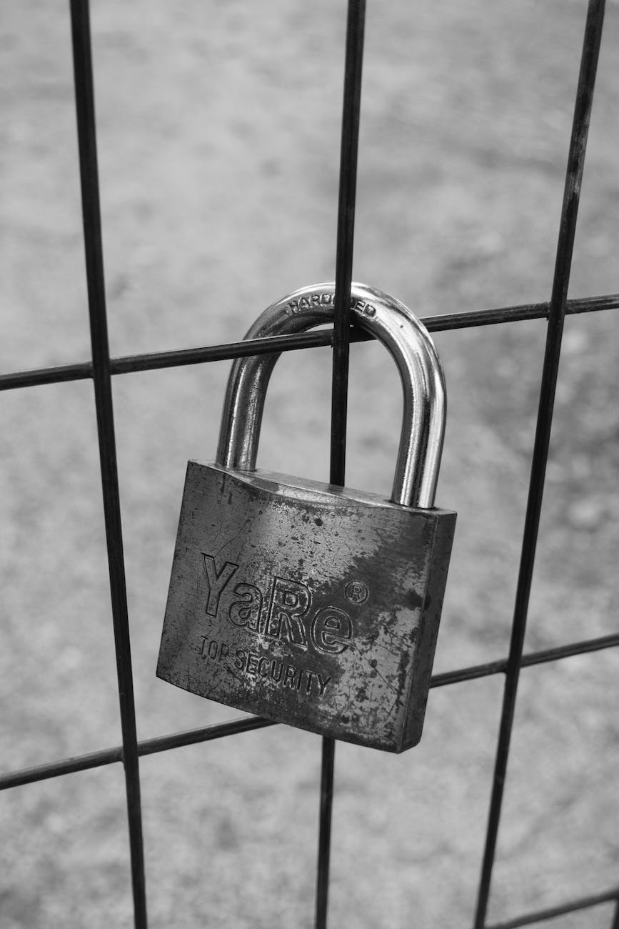 grayscale photo of padlock on metal fence
